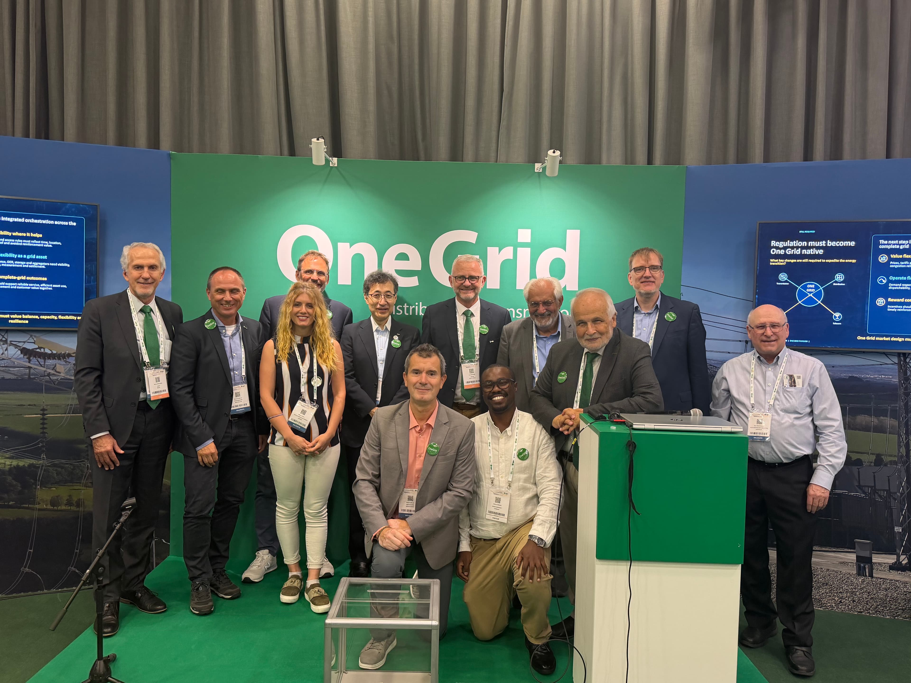 Clifford Ondieki with the OneGrid team at the CIGRE Pavilion, Paris 2026 — President Konstantin O. Papailiou visited Room 243 during the Session