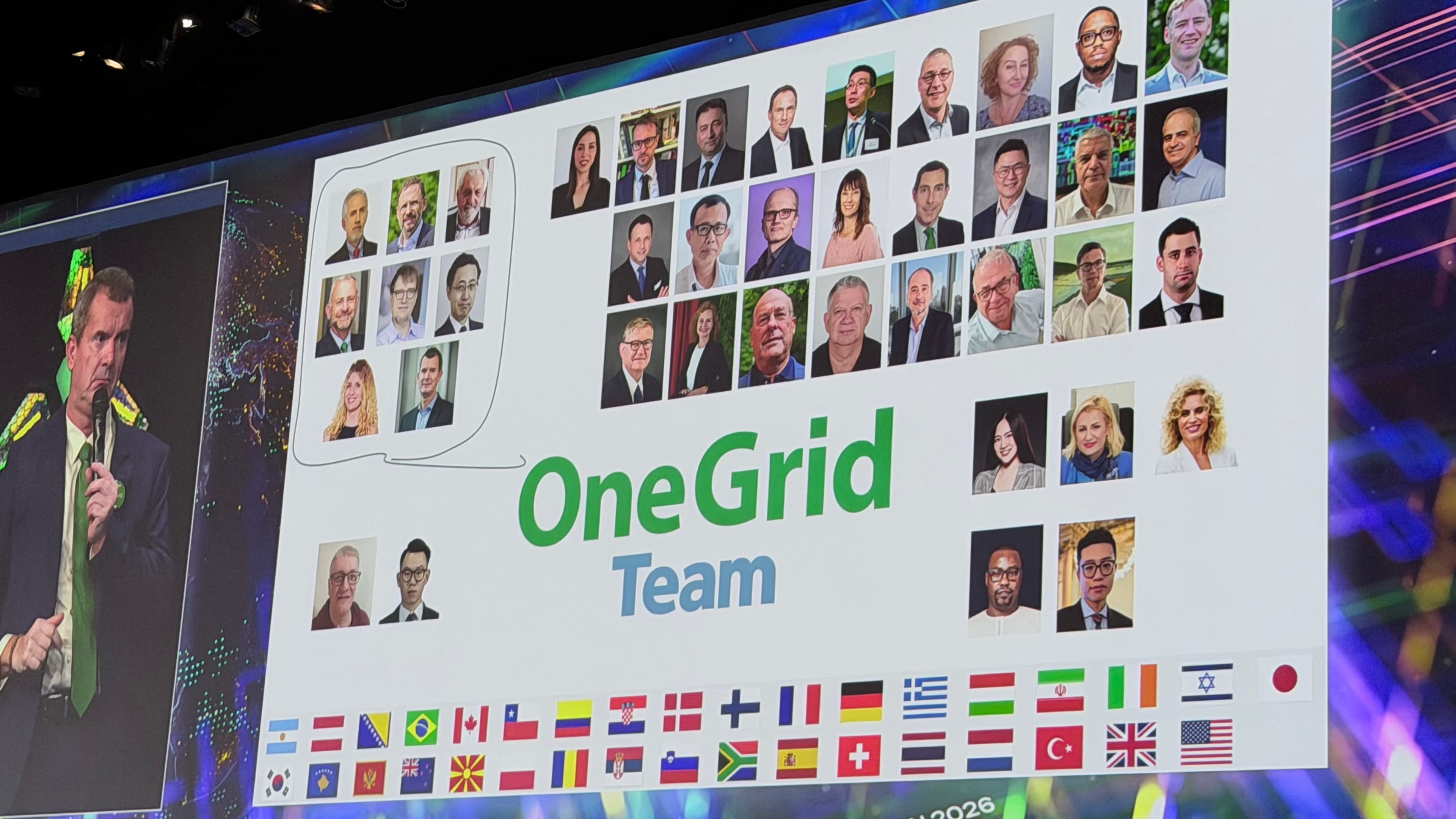 OneGrid Team screen at the CIGRE Opening Ceremony, Paris 2026 — Clifford Ondieki representing the team alongside Nenad Uzelac