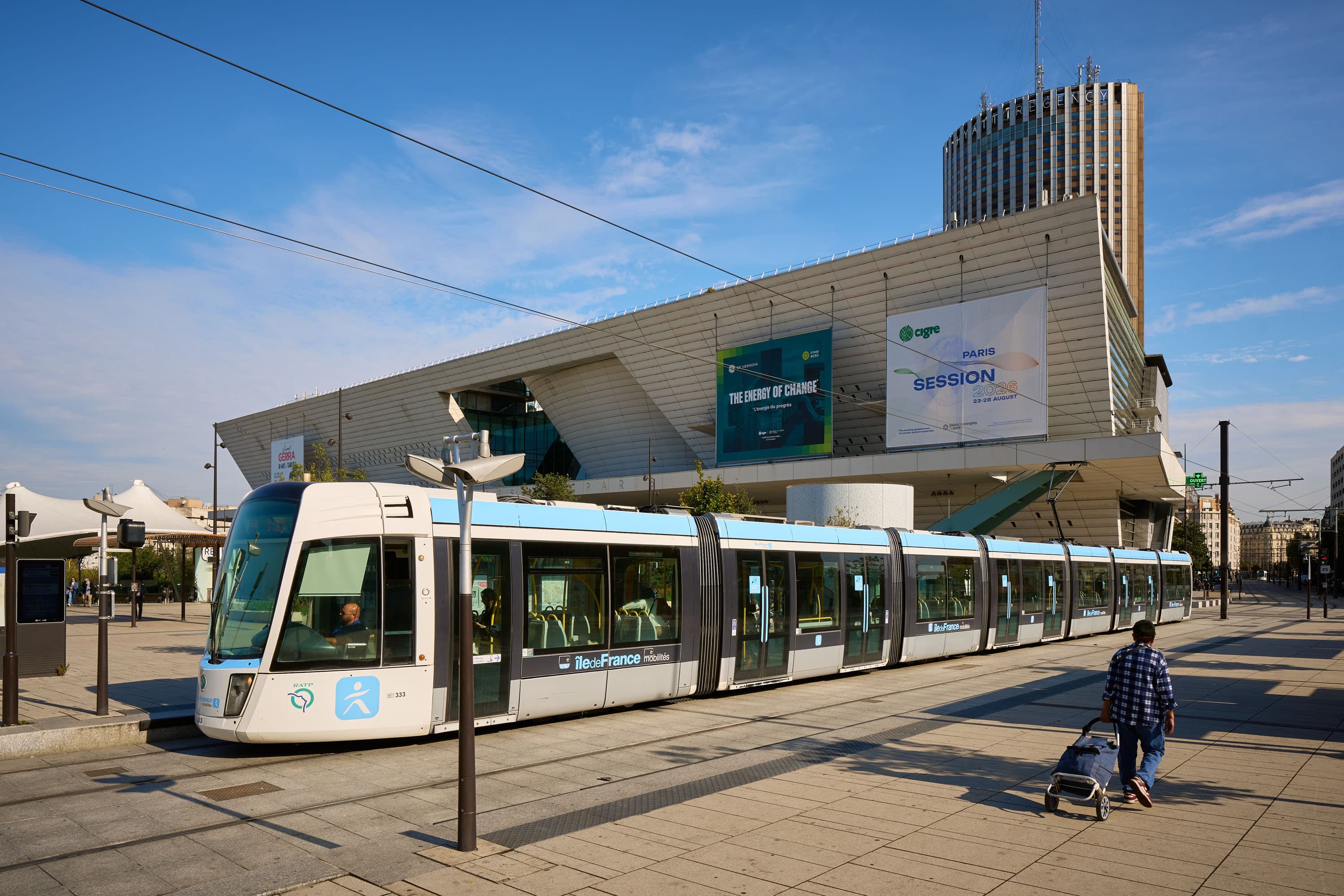 Palais des Congrès de Paris exterior with CIGRE Session 2026 and The Energy of Change banners