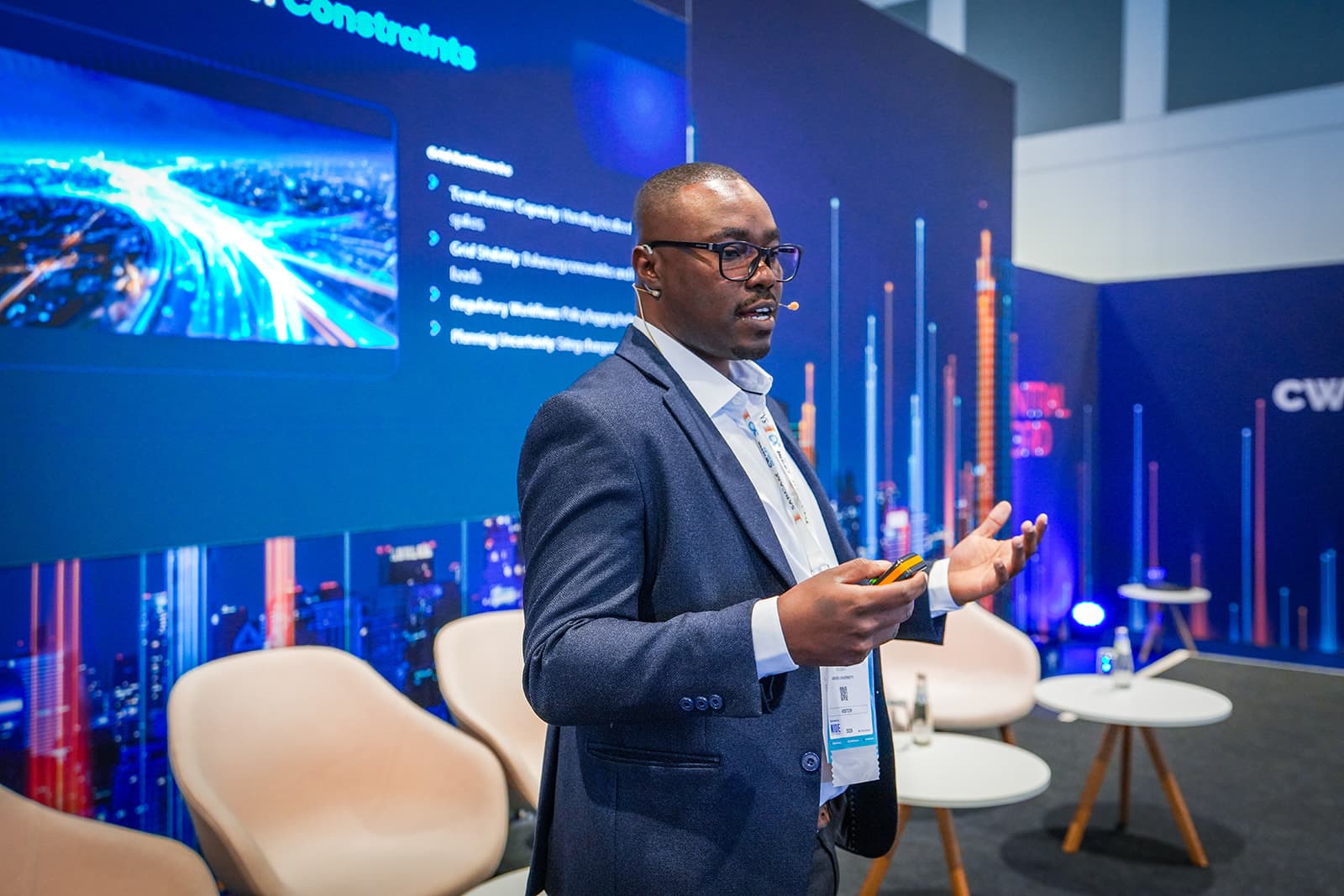 Clifford Ondieki presenting on the Central Grid stage at CWIEME Berlin 2026's Future Engineers Programme session